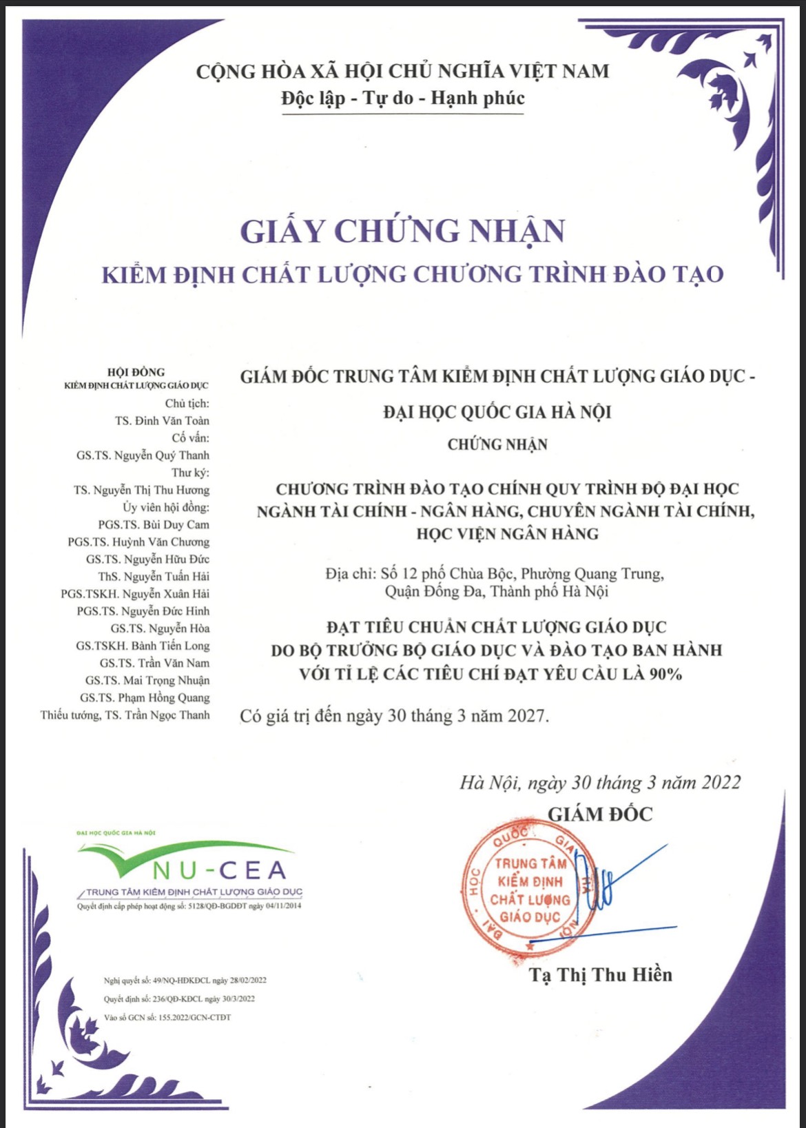 Giấy chứng nhận CTĐT Tài chính